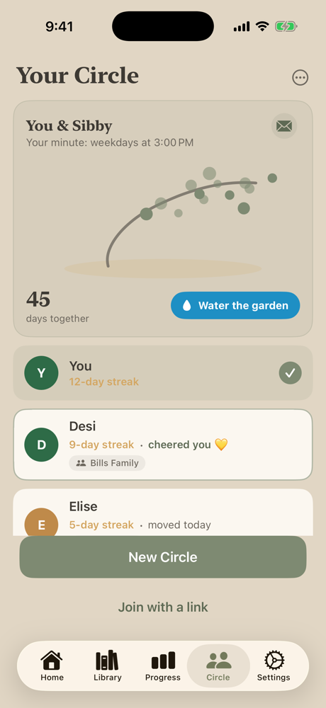 MotionCue Circle screen: a pact with Sibby at weekdays 3:00 PM, a shared watercolor garden at 45 days together with a Water the garden button, and the Circle below it