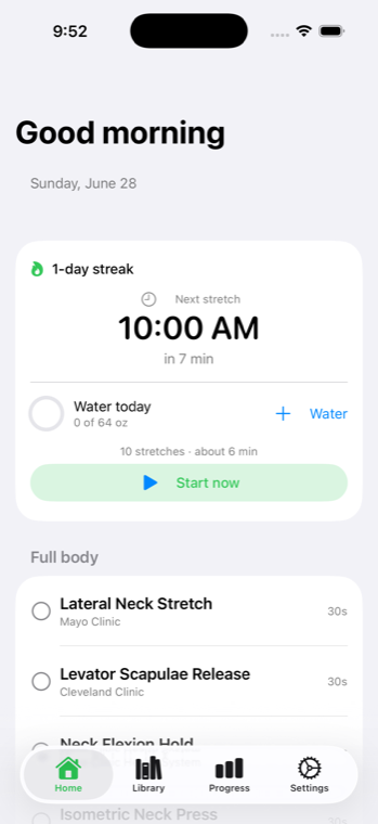 MotionCue Home screen with today's session and cited stretches